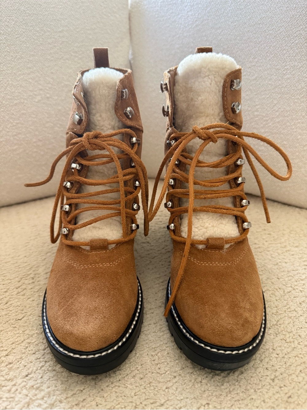 Marc Fisher Tan Suede Lace-Up Sherpa Ankle Boots